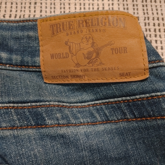 True Religion Blue Distressed Section Skinny Jeans Women’s Size 26 Logo On Leg - Picture 4 of 6